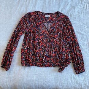 Universal Thread Floral Wrap Tie Blouse Long Sleeve Black Orange Small Madewell